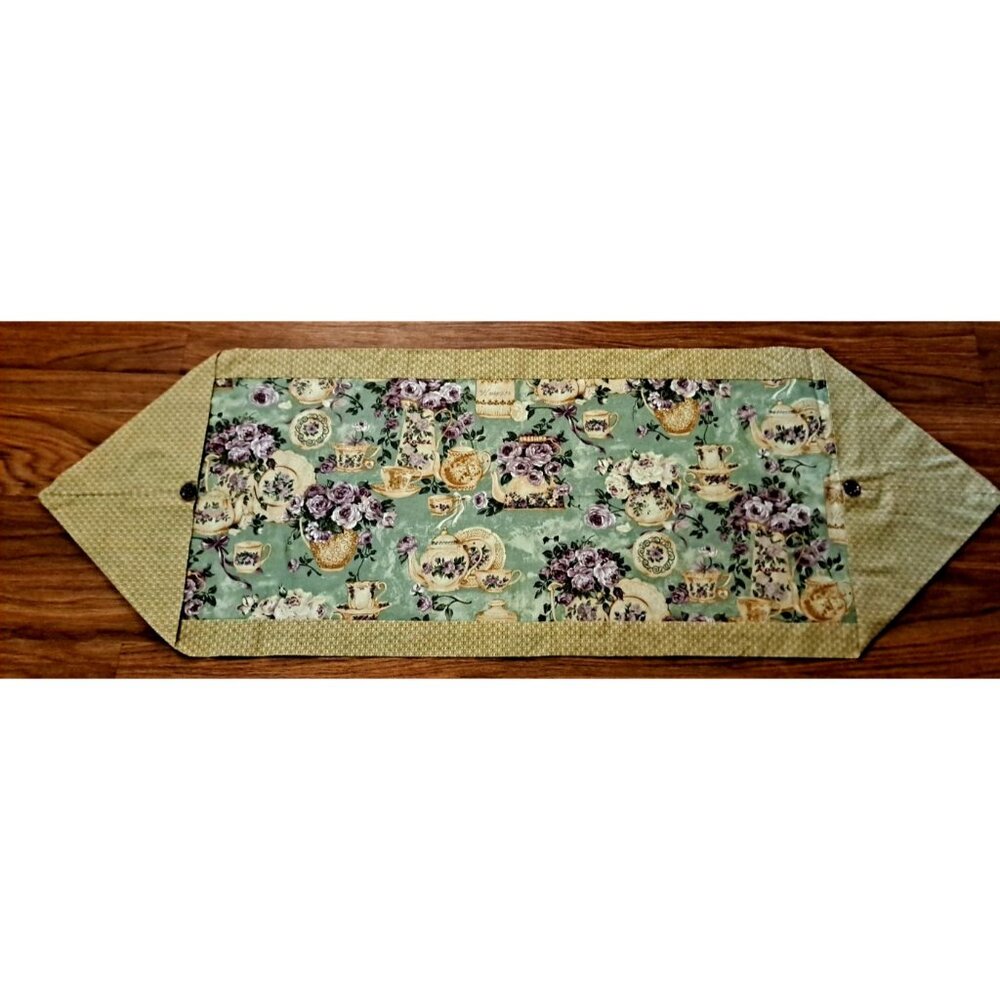 Tea Pot & Roses Table Runner Handmade Pointed Purple Floral Green Cottage 40x14